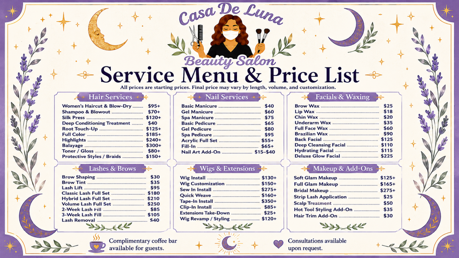 Services Menu List